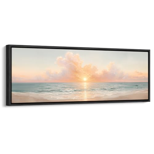 wall26 Large Framed Wall Art Canvas Print - Soft Pastel Sunset Beach Coastal Seascape - Contemporary Artwork for Living Room Bedroom Office - 60"x20" Black - color: A07-2607-YUK17, size: 60"L x 20"W, style: Black Frame