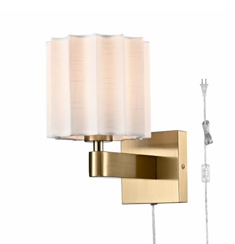 Plug in Gold Wall Sconce Mid Century Modern Pleated Linen Shade - color: Gold
