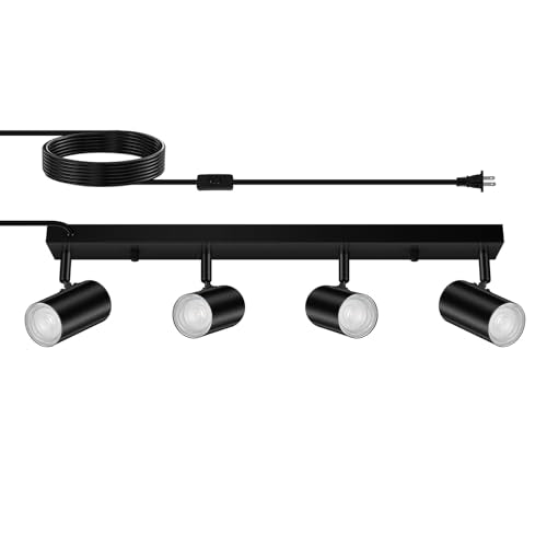 AUQUEE 4 Light Track Lighting Kit,23'' Black LED Plug in Ceiling Spotlight,Industrial GU10 Wall Light for Kitchen Cabinet Gallery Bar Hallway Living Room,Rocker Switch,15 Foot Cord(No Bulb) - color: 4 Light-black