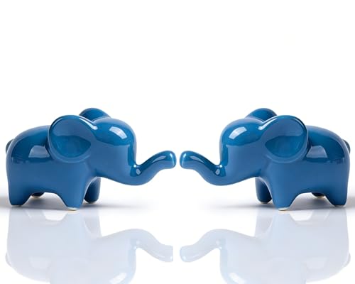 4 Inch Blue Ceramic Elephant Figurines Set of 2 - color: Blue