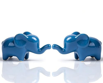 4 Inch Blue Ceramic Elephant Figurines Set of 2 - color: Blue