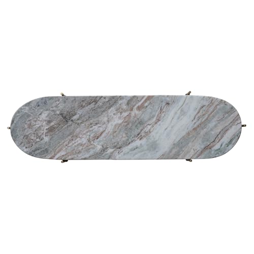 Creative Co-Op Oval Decorative Marble Tray with Stand, Grey Melange and Gold Finish