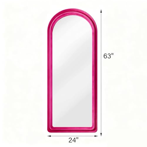 Full Length Mirror, Floor Mirror with Stand, 63"x24" Freestanding Arched Mirror Full Length Hanging or Leaning, Wall Mounted Mirrors with Flannel Frame, Large Mirrors for Bedroom (Rose Red) - color: Arched - Rose Red