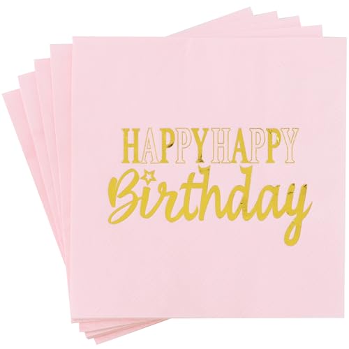 Vuzvuv 52 Pack Funny Happy Happy Birthday Cocktail Napkins with Gold Stamping - Birthday Party Dinner Hand Napkin for Party Supplies Decorations Table Decor for women man(5" Folded 3 Ply-Pink) - color: Happy HBD Pink