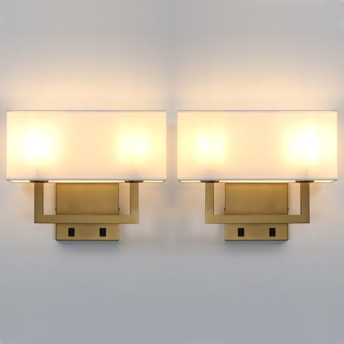 Yosoan Set of 2 Indoor Bedside Wall Sconce with On Off Switch, Modern Boho Interior Finish Brass 2-Light Vanity Vintage Industrial with Square White Fabric Shade for Reading Room Hallway(Antique) - color: Antique, size: 2-Pack