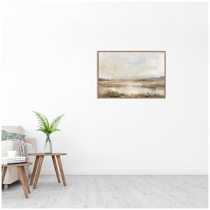 Kate and Laurel Framed Canvas Wall Art Print Neutral Abstract Landscape by The Creative Bunch Studio, 33 x 23 Sylvie Beaded Rustic Natural Frame, Modern Contemporary, Landscape Art for Wall Decor - size: 33"L x 23"W