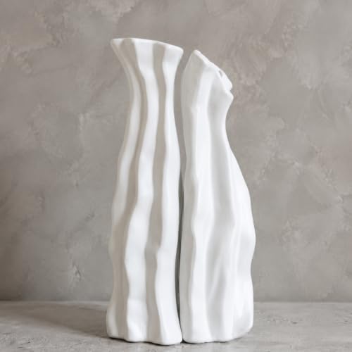 Modular Rockery Art Vase Set of 2, Separatable Centerpiece Table Decorations - 11" Tall White Matte Ceramic Vases for Flowers, Pampas Grass, Modern Nordic Boho Home Decor（Cool White） - color: Cool White