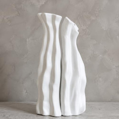 White Tall Ceramic Vase Set of 2, Sculptural Mountain Decor, Matte Finish - color: Cool White
