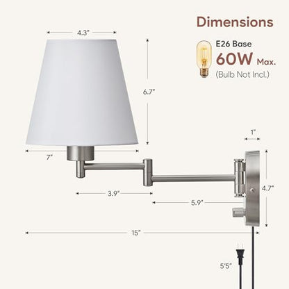 VONLUCE Wall Lamp, Plug in & Swing Arm Wall Sconce, Nickel Finish - color: Nickel, size: 1 Pack