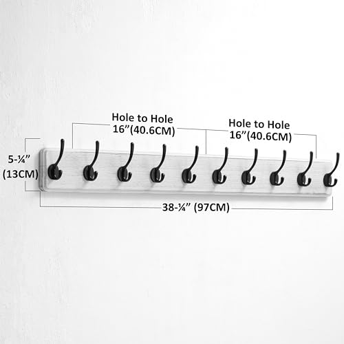 Dseap Wall Mounted Coat Rack: 38-1/4" Long, Patented, Heavy-Duty, 10-Double-Hooks Wooden Hanger Rail for Winter Coats, Hat, Jacket, Clothing - White & Black, Pack of 2 - color: White & Black, size: L=38.3"(2pcs)