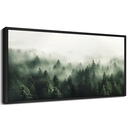 SHENIFY Green Fog Pine Tree Forest Vintage Framed Wall Art Modern Landscape Scenery Farmhouse Artwork Prints Decor for Hallway Bedroom Living Room Dining Room - 20x40in Black Framed - color: Fog Pine Tree Forest, size: 40"L x 20"W