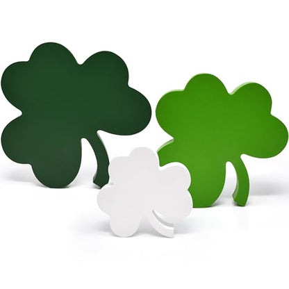 St Patricks Day Decorations Wooden Shamrock Tabletop Set – 3 Piece Green Clover Freestanding Tiered Tray Decor for Home Office Mantel Shelf Display