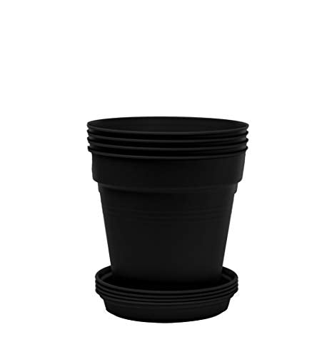 Mintra Garden Pots, 4 Pack Bulk Plastic Plant Pots with Drainage Tray, Round Indoor & Outdoor Decorative Planters with Drain Holes for Flowers, Herbs & Plants, 13cm Diameter – Black, 5 in - color: Black, size: 13cm Diameter (5in)