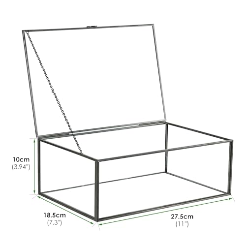 Glass Jewelry Display Box with Hinged Lid, Keepsake Box, Clear Card Box - color: Black, size: Large