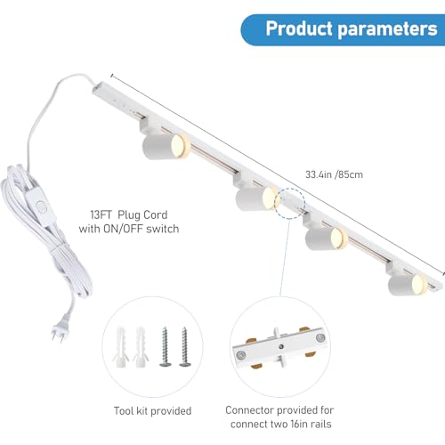 Plug in Track Lighting with Power Cord, 4-Light GU10 Track Lighting Kit with Track Rail, Modern Kitchen LED Track Lighting Fixtures Ceiling Wall Spot Light, 13FT Plug Cord, White (No Bulbs)