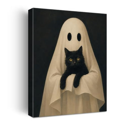 Halloween Wall Art Decor Ghost Holding Black Cat Canvas Print Framed - color: H