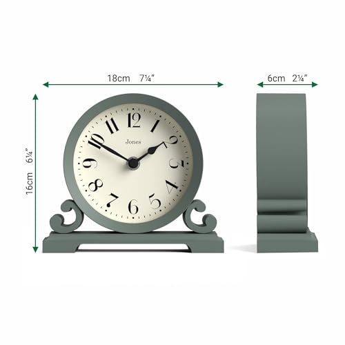 JONES CLOCKS® Saloon Mantel Clock | Small Traditional Double Scroll Design | Green | Contemporary Classic Style for Desk, Table, Shelf or Bedside - color: Asparagus Green