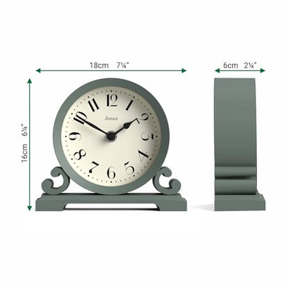 JONES CLOCKS® Saloon Mantel Clock | Small Traditional Double Scroll Design | Green | Contemporary Classic Style for Desk, Table, Shelf or Bedside - color: Asparagus Green