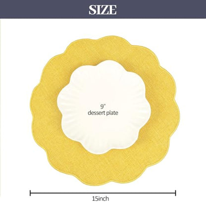 AHHFSMEI Round Scalloped Placemats Set of 6 15 Inch Faux Linen - color: Yellow