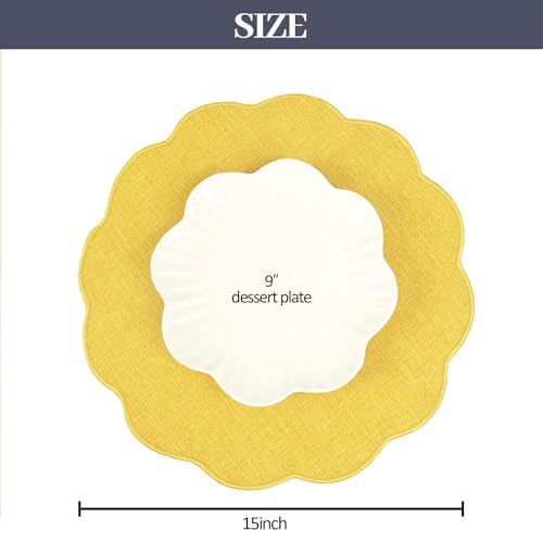 AHHFSMEI Round Scalloped Placemats Set of 6 15 Inch Faux Linen - color: Yellow