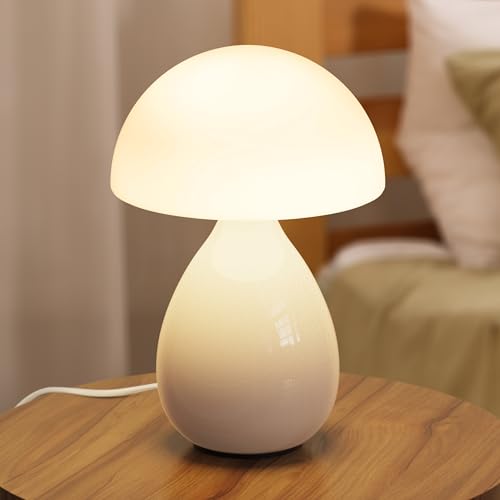 Mushroom Lamp Small Vintage Table Light, Mini Modern Lamp Bedside Nightstand LED, Small Light Dimmable for Bedroom, Living Room, Ceramic Base Glass Led Home Decor for Woman Gifts - color: White