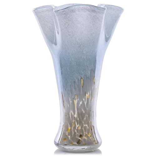9.0" H Blue White Glass Vases for Flower, Unique Hand Blown Glass Vase - color: Blue White