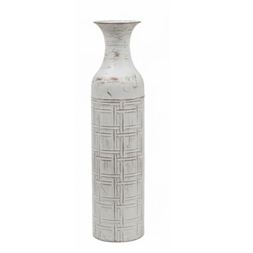 Hosley 16 Inch Decorative White Metal Vase, Distressed Basketweave Tabletop Vase, Rustic Farmhouse Cylinder Flower Vase for Dining Table, Fireplace Mantel, Shelf, Kitchen Counter Home Decor - color: White Wash-2, size: 16" High