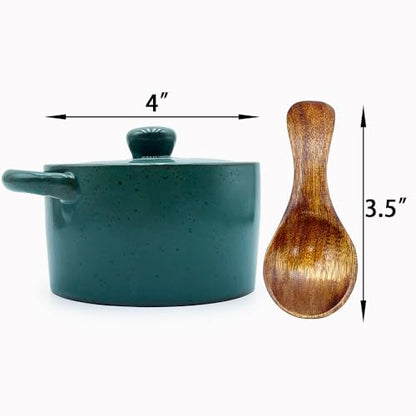 12 oz Ceramic Salt Cellar with Lid & Wooden Spoon,Countertop Salt Container,Sugar Bowl,Spices Jar| Artisan Kitchen Decor(Green B) - color: Green B