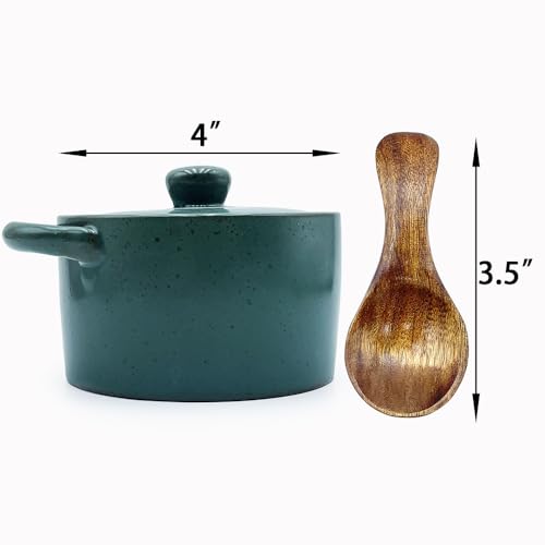 12 oz Ceramic Salt Cellar with Lid & Wooden Spoon,Countertop Salt Container,Sugar Bowl,Spices Jar| Artisan Kitchen Decor(Green B) - color: Green B
