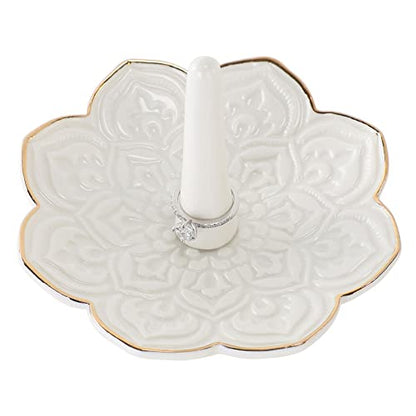 HOME SMILE Ceramic White Mandala Ring Holder,Decorative Jewelry Dish Tray, Engagement Wedding Birthday Valentines's Day Gifts for Women - style: 4.5" White Mandala