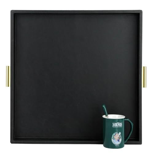 HofferRuffer Elegant Decorative Serving Tray, 20"x20" Square Faux Leather Ottoman Tray with Gold Hardware Handles, Coffee Table Serve Tea, Coffee or Breakfast (Black) - color: Black, size: 20" x 20" x 2"