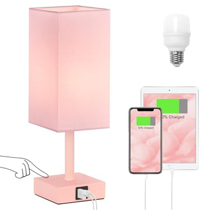 Touch Table Lamp for Bedroom - Dimmable, USB C+A, Pink Lamphade Pink Base - color: Pink & Pink