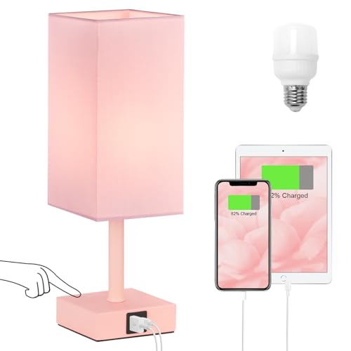 Touch Table Lamp for Bedroom - Dimmable, USB C+A, Pink Lamphade Pink Base - color: Pink & Pink
