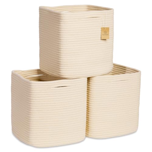 NaturalCozy Storage Cubes 11 Inch Cotton Rope Woven Baskets for Organizing, 3-Pack | Cube Storage Bin | Square Storage Baskets for Shelves Organizer, Classroom, Kids Toy Bins, Closet, Baby Nursery - color: Beige