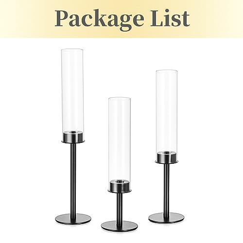 Hewory Black Candlestick Holders: 3PCS Glass Hurricane with Metal Base - color: Black, size: 3pcs