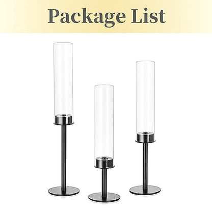 Hewory Black Candlestick Holders: 3PCS Glass Hurricane with Metal Base - color: Black, size: 3pcs