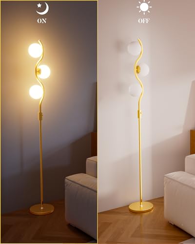 Lightdot 60IN Gold Floor Lamp Stepless Dimmable Globe Floor Lamps with 3Pcs 3000K Bulbs Included Eye-Friendly Mid Century Standing Lamps with 5Lbs Heavy Base for Living Room/Bedroom/Sofa Beside - color: 3 Globe-Gold S
