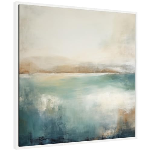 Kate and Laurel Sylvie Abstract Calming Lake Landscape Framed Canvas Wall Art by The Creative Bunch Studio 30 x 30 White, Coastal, Abstract, Neutral Landscape Art for Wall Decor, Living Room, Bedroom - color: White