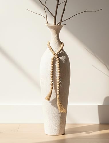Sziqiqi Metal Tall Floor Vase, Large Boho Vase with Bead for Pampas Grass - color: Beige
