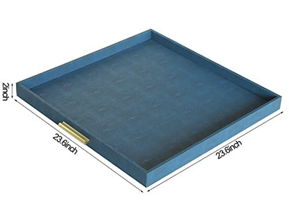 HofferRuffer Extra Large Square Serving Tray, Elegant Faux Leather Ottoman Tray with Gold Hardware Handles, Serve Tea, Coffee or Breakfast in Bed, 24 x 24 inches (Navy Blue Shagreen) - color: Navy Blue Shagreen, size: 24" x 24" x 2"