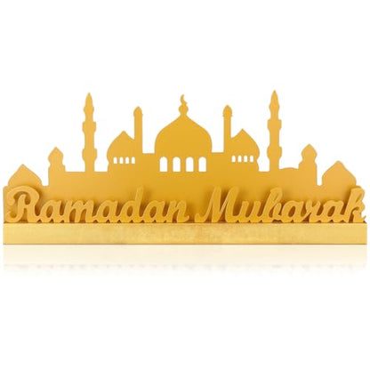 13.78 Inch Metal Ramadan Table Sign Ramadan Mubarak Letter Sign Eid Decorations for Home Muslim Golden Palace Islamic Table Centerpiece for Islamic Home Office Kitchen Party Decor Gifts - style: Modern