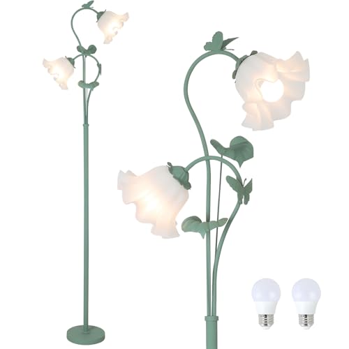 HMVPL Flower Floor Lamp for Living Room, Vintage Floor Lamp with 2 LED 5W Blubs, Foot Switch, Green Standing Lamp with Acrylic Shade, Unique Floral Tall Lamp for Living Room Bedroom Corner Office - color: Green