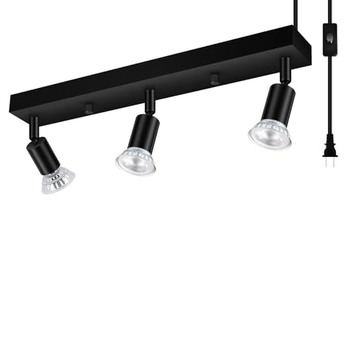 3 Head Plug in Track Light Fixture Black, Easy Install Corded Track Lighting Kit with Switch, Adjustable Directional Spotlight for Kitchen Island Closet Art Display, Modern Ceiling Lamp,15ft Cord - color: Black-3 Light