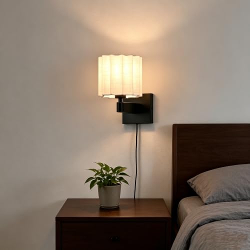Plug in Black Wall Sconce Mid Century Modern Pleated Linen Shade - color: Black