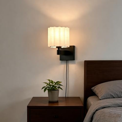 Plug in Black Wall Sconce Mid Century Modern Pleated Linen Shade - color: Black