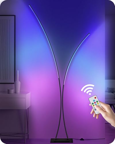 RGB Arc Floor Lamp, Dimmable Double-Light Standing Lamp, 3CCT, Remote & Foot Switch, for Living Room, Office, Bedroom, Black RB61LD05 - color: RGB (Red, Green, Blue)