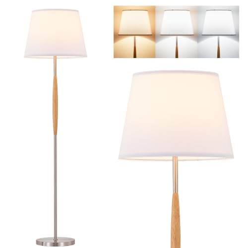 ELYONA Japandi Wood Floor Lamp with 3 Color Temperatures LED Bulbs, Linen Shade & Brushed Nickel Metal Finish, 59 Inch Tall Reading Standing Lamp for Living Room Bedroom Corner Office Hotel - color: Natural Wood & Brushed Nickel