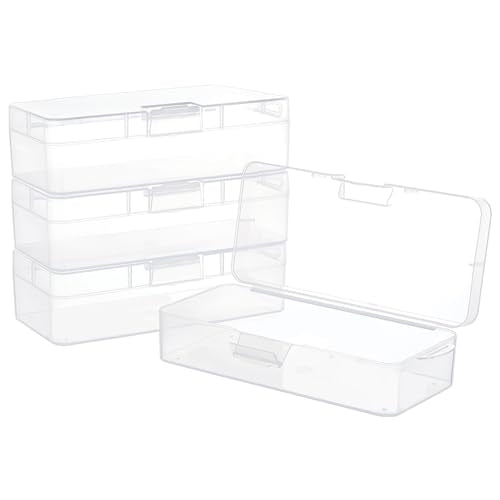 BENECREAT 4 Packs Rectangle Plastic Container Box, 7x3x1.8inch Clear Storage Organizer with Hinged Lid and Hanging Hole for Small Craft Accessories Office Supplies - size: 7x3x1.8inch