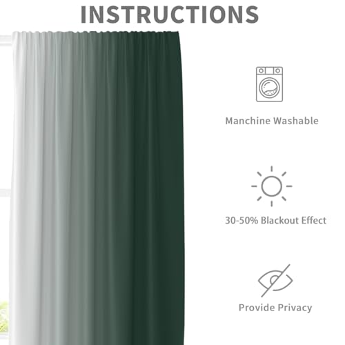 Green White Curtains, Ombre, 2 Panels, 42" W x 63" L, Rod Pocket - color: Dark Green, size: 42"W x 63"L (Pack of 2)