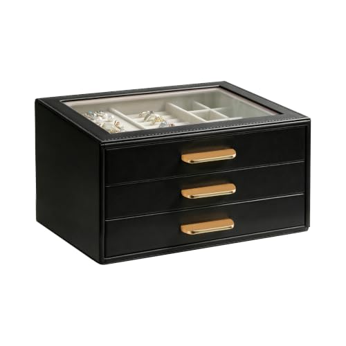 Homeanda Jewelry Boxes Organizer with Glass Lid, 3-Layer PU Leather, Black - color: Black, size: 3 Layer